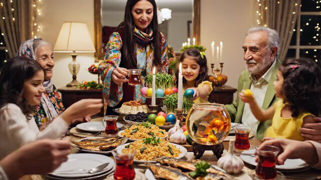A joyful multi-generational Iranian family gathers around a festive dinner table to celebrate the traditional Nowruz springtime holiday while sharing delicious food and warm laughter in their