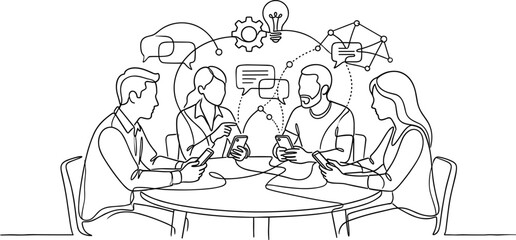 Obraz premium Continuous line art vector illustration of teamwork and digital collaboration with people, devices, and communication iconsContinuous line art vector illustration of teamwork and, 