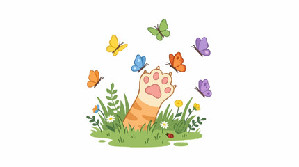 Fototapeta premium playful cat paw with butterflies, grass and natural elements, clean minimalist flat vector design, isolated on white background.