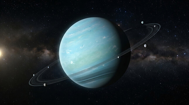 Uranus planet with rings in deep space. Icy giant planet orbiting in the solar system.