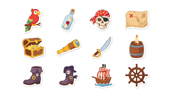Set of pirate adventure icons, cartoon vector illustrations of treasure chest, ship, parrot, skull, map, sword, spyglass, barrel, hat and steering wheel
