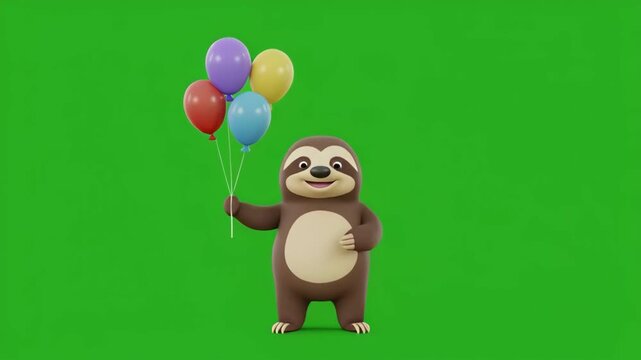 Joyful Sloth Animation with Balloons on Green Screen Background for Celebration