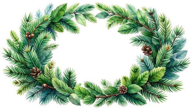 evergreen christmas wreath frame with pine cones and berries, festive winter foliage border for holiday design