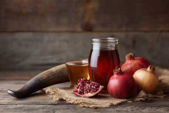 Rosh Hashanah Jewish New Year still life with honey jar, red apples, pomegranate and shofar horn on rustic wooden table