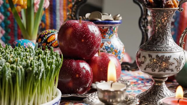 A traditional Persian Haft-Seen table arrangement displays fresh red apples and green wheatgrass shoots alongside burning candles to celebrate the joyous arrival of the annual vernal equinox