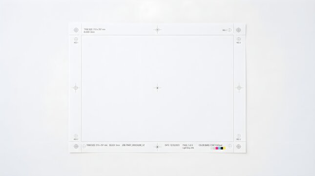 Minimalist white paper mockup with registration marks, professional printing proof sheet on white background, blank technical layout for design presentation