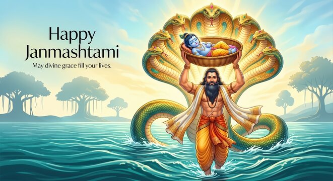 Vasudeva carrying baby krishna in a basket across the yamuna river, protected by the multi-headed serpent shesha naga, under a glowing sky during the janmashtami festival celebration