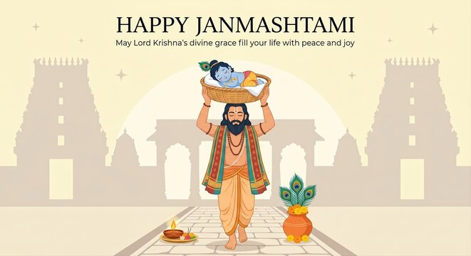Vasudeva carrying baby krishna in a basket on his head, walking on a stone path before a temple silhouette with a lit diya lamp and peacock feathers for janmashtami celebration