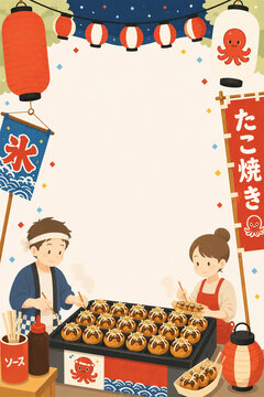 たこ焼きの屋台で働く男女と夏祭りの清涼感ある縦長背景イラスト generative ai