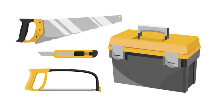Assorted carpentry tools and toolbox on transparent background