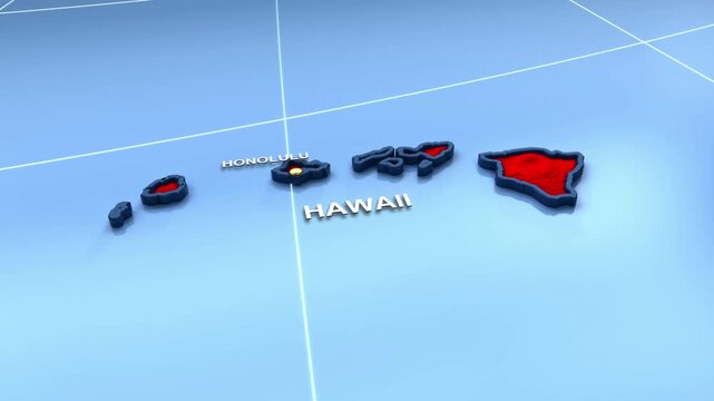 Looped 3D election map animation of the United States zooming into Hawaii state, featuring red, blue, purple and green political outcome variations. 