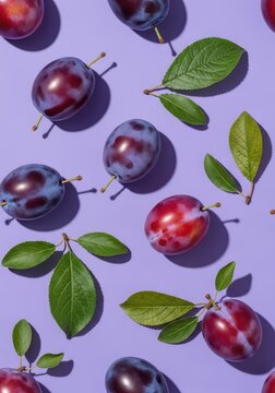 A seamless botanical pattern featuring ripe purple plums and green leaves on a vibrant violet background, perfect for textile and decor, illustration, juicy, digital