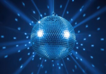 Obraz premium A stunning vibrant blue disco ball covered in shiny mirrors reflects brilliant light and glitter for a festive dance and music celebration, round, event, bright