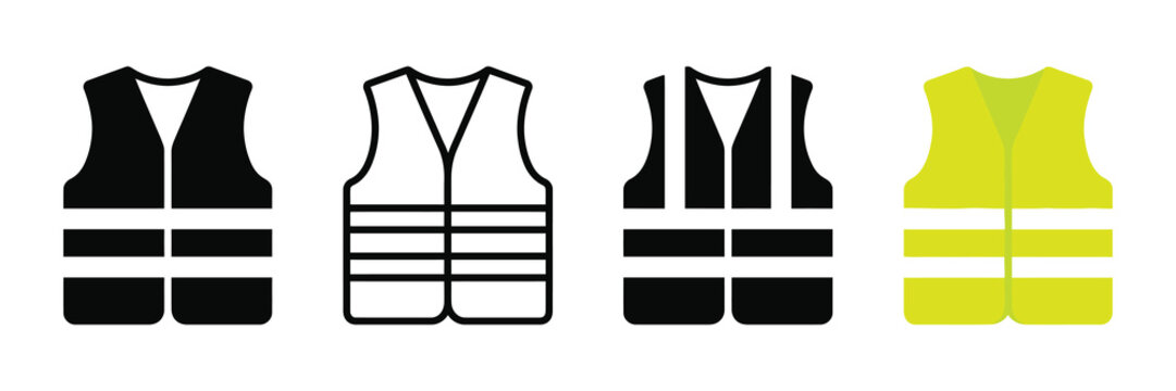 A collection of safety vest icons featuring different design styles including solid black outlines and a bright neon yellow version