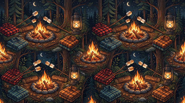 seamless pattern of crackling campfires roasting white marshmallows on long wooden sticks resting next to folded plaid flannel shirts and vintage metal lanterns in the deep woods