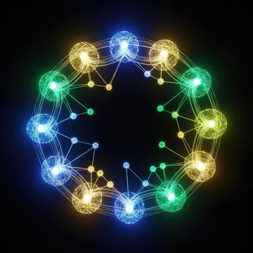 An intricate web of illuminated nodes and lines forms a sturdy circular chain representing unbreakable connections in a logistics network, operations, connectivity, stability
