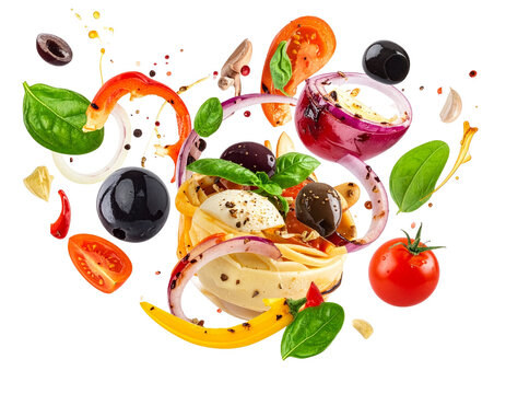 Frische mediterrane Zutaten fallend isoliert f&uuml;r Food-Blogger und Restaurants zur dynamischen Gestaltung von Speisekarten und Kochb&uuml;chern auf transparentem Hintergrund