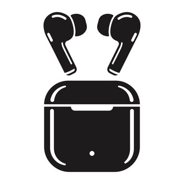 A simple black and white vector icon of wireless earbuds with their charging case isolated on a white background