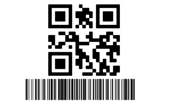 Abstract black and white composition featuring a digital QR code and a linear barcode for scanning and data tracking