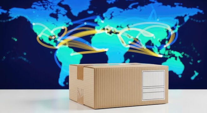 Generic parcel rests on a desk before a blurred global map showing light trails of international shipping lanes and supply chains, delivery, commerce, distribution