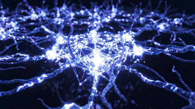 Slow motion macro shot of organic blue and purple neural dendrites extending and forming new geometric network connections against a dark background