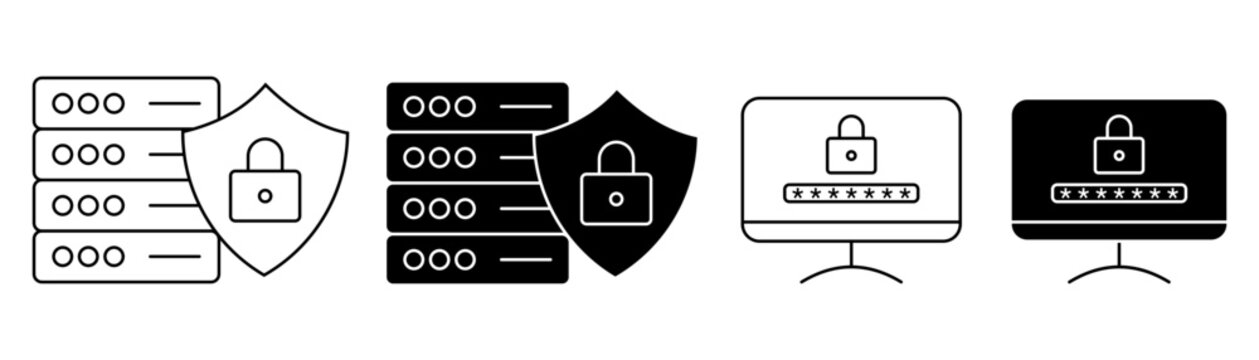 Minimal Cyber Security and Data Protection Icon Set with Secure Server and Login Screen in Outline and Solid Style Isolated on White Background