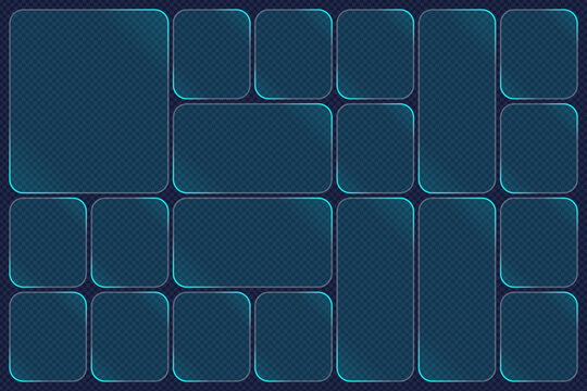 Futuristic Blue Neon Grid Panel Template with Transparent Glass Tiles