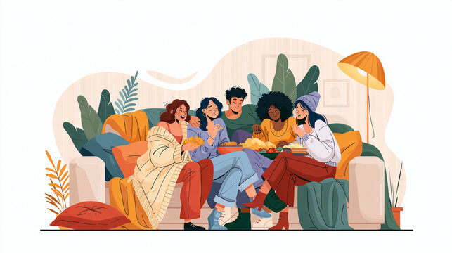 Four Friends Relaxing On A Sofa Colorful Vector Illustration friendship group young adults companions couch