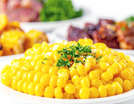 Side dish of yellow corn, blurred food in the backdrop. AI