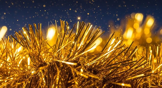 Golden tinsel against a dark background. Festive holiday decoration with sparkling bokeh lights.