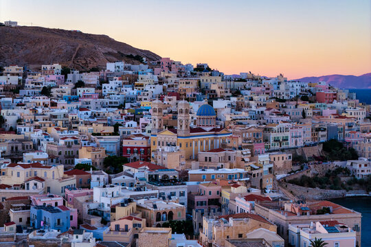 Panoramic View of Saint Nicholas Church Overlooking Ermoupoli&rsquo;s Colorful Hillside on Syros Island