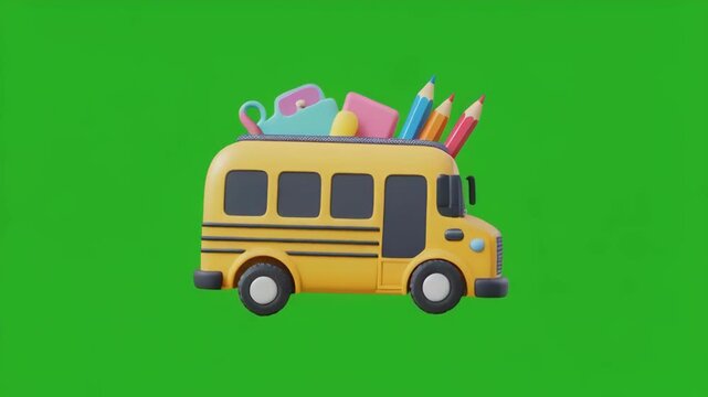 Yellow school bus with school supplies on roof drives across green screen background
