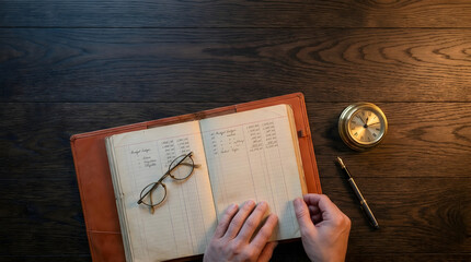 Manos de contador revisando un libro de contabilidad antiguo en un escritorio de madera © David Martínez