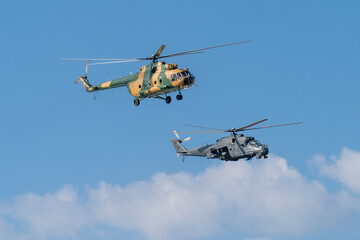Soviet-made black old military helicopters flying in the sky in Budapest © ZenitX