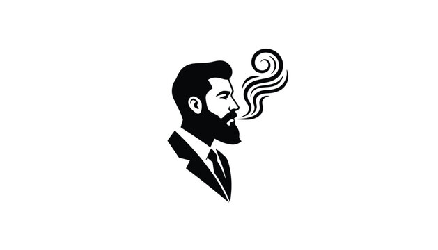Minimal black and white side profile vector graphic of a stylish bearded gentleman in a suit smoking a pipe.