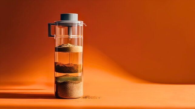 Modern eco engineering soil water filter unit displayed as scientific demonstration model with layered filtration media visible, slight diagonal composition, vibrant orange studio backdrop, 