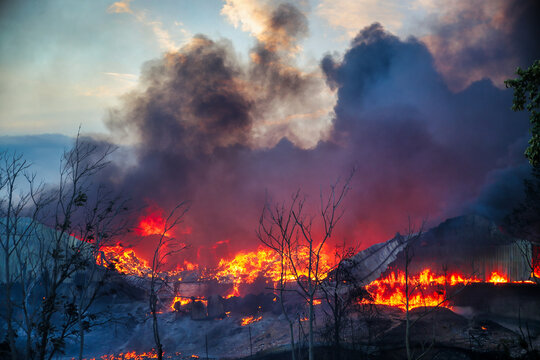 Large Industrial Structure Burning During the Oraiokastro Wildfire Crisis