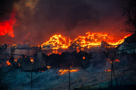 Large Industrial Structure Burning During the Oraiokastro Wildfire Crisis