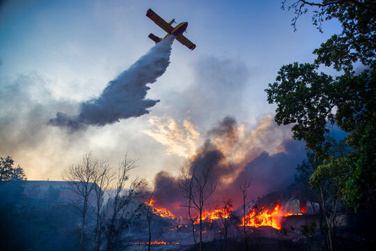Firefighting Aircraft Attacking Intense Oraiokastro Blaze Under Drought Conditions