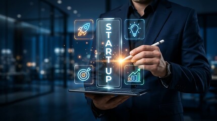 Fototapeta premium Smart Business Startup Concept with Entrepreneur Using Digital Tablet for Innovation Management and Strategic Business Growth
