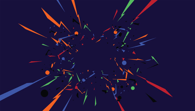 Vibrant abstract explosion design with colorful geometric shards and lightning rays radiating on a deep blue background.