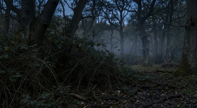 Glowing red eyes hiding in dark bushes in a misty forest. Spooky Halloween woods with creepy creatures lurking in the shadows