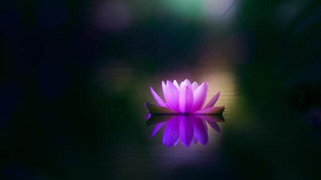 Pink lotus flower reflected on the water surface of a pond. Shallow depth of field. Blur background
