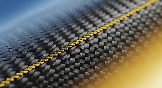 Carbon fiber texture with gold thread. Abstract industrial background with woven material.