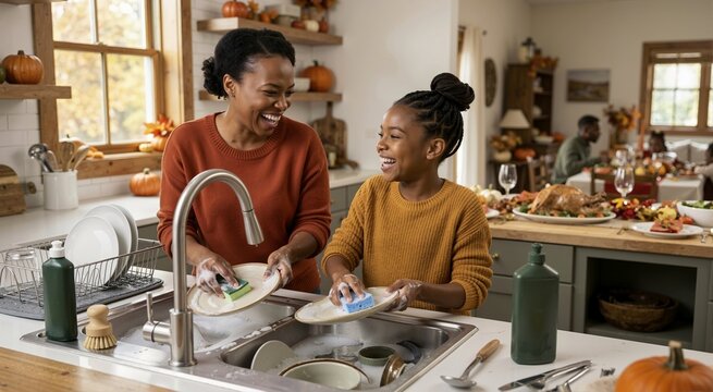 African American mother and daughter washing dishes together at a kitchen sink. Woman and child cleaning plates with soapy sponges after a Thanksgiving family dinner. Household chores
