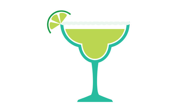 Classic lime green margarita cocktail glass decorated with a salted rim and fresh lime slice on white background.