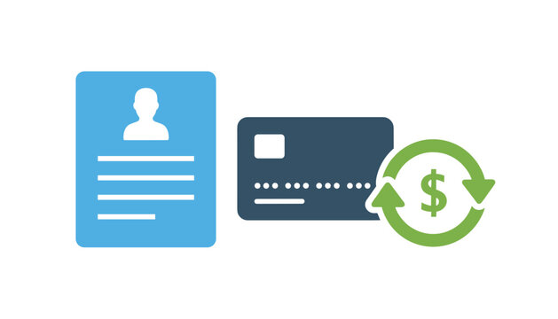 Customer payment and billing system icons showing a personal profile card, credit card, and money exchange.