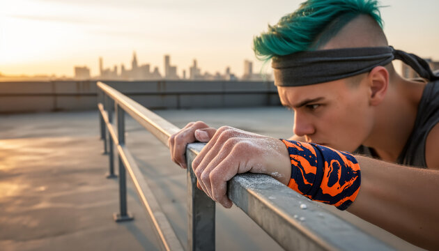Determined young parkour athlete with blue hair and chalked hands grips a metal railing on a city rooftop during a warm golden hour sunset gazing intently at the distant urban skyline ready for action