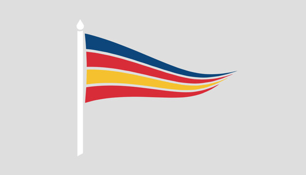 Elegant triangular yachting club flag with dark blue, red, and yellow stripes waving gracefully on a white pole.