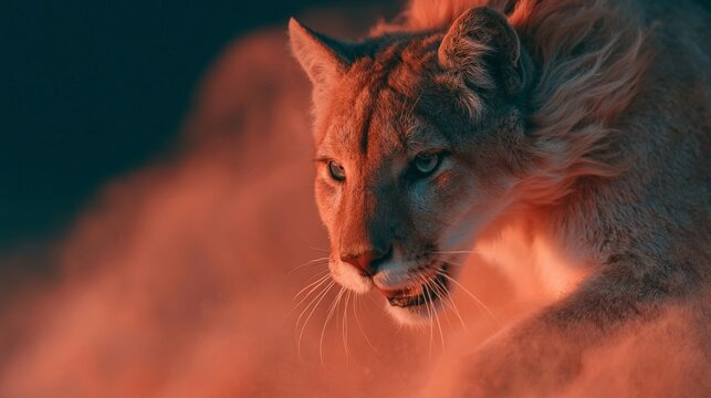 A fierce puma with glowing eyes and a fiery mane captured in dramatic lighting against a dark background.